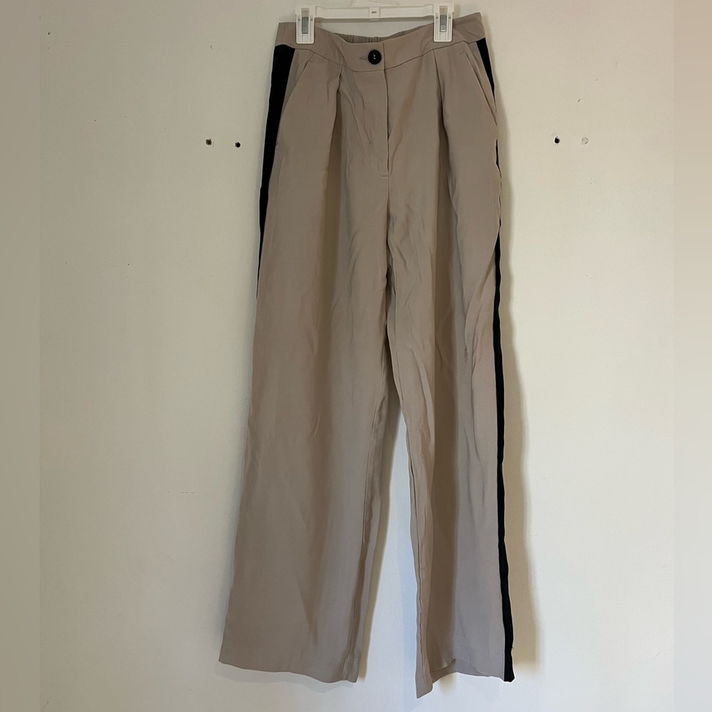 Women’s Tan Silk Pleated Trousers with Black Stripe